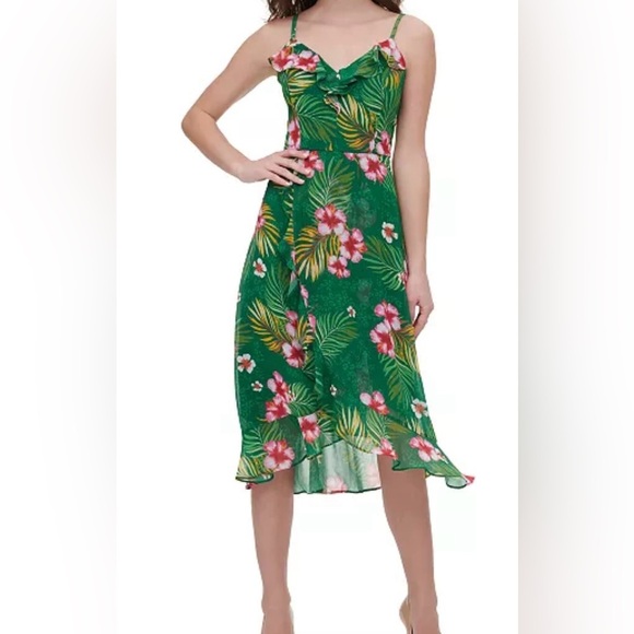 Kensie Green Tropical Print Midi Dress Size 10 - Picture 1 of 16